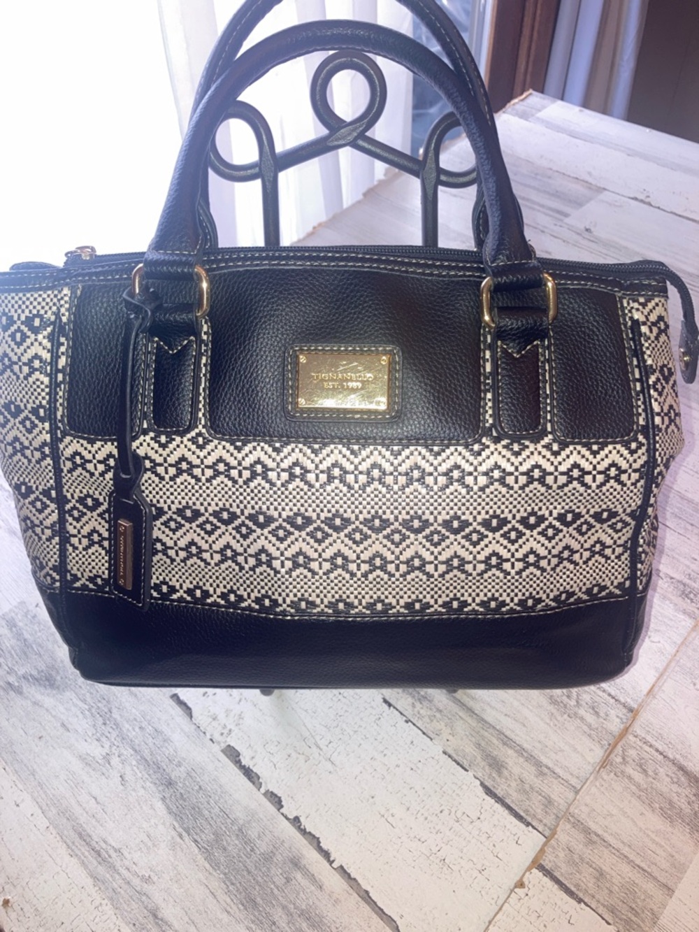 Genuine Tignanello Black and Cream Patterned Satchel Handbag Vegan Leather